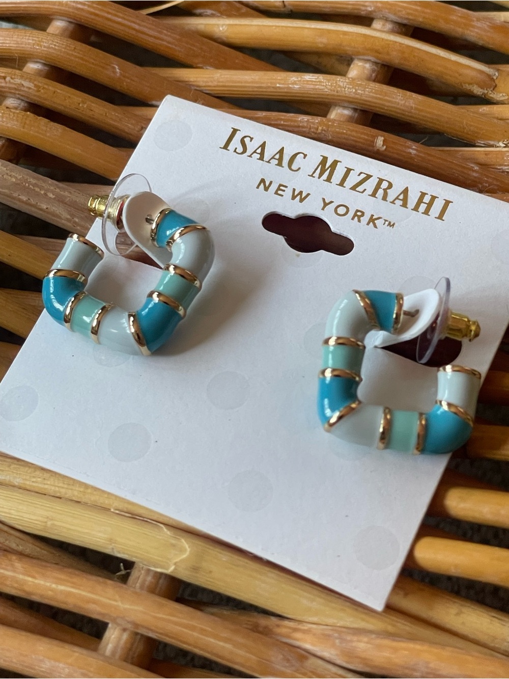 Isaac Mizrahi New York Blue White Enamel Striped Square Hoop Earrings NWT